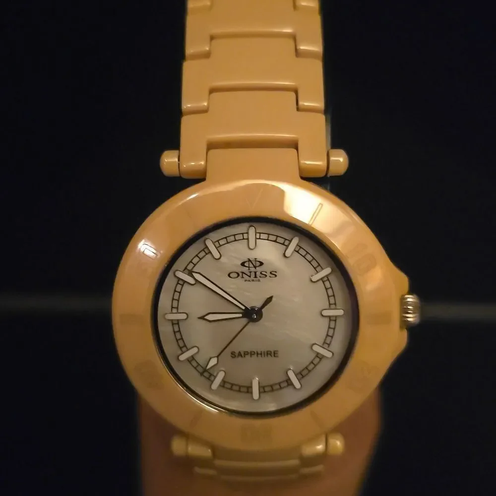 ONISS Ladies Beige Ceramic SAPPHIRE,MOTHER OF PEARL WATCH!